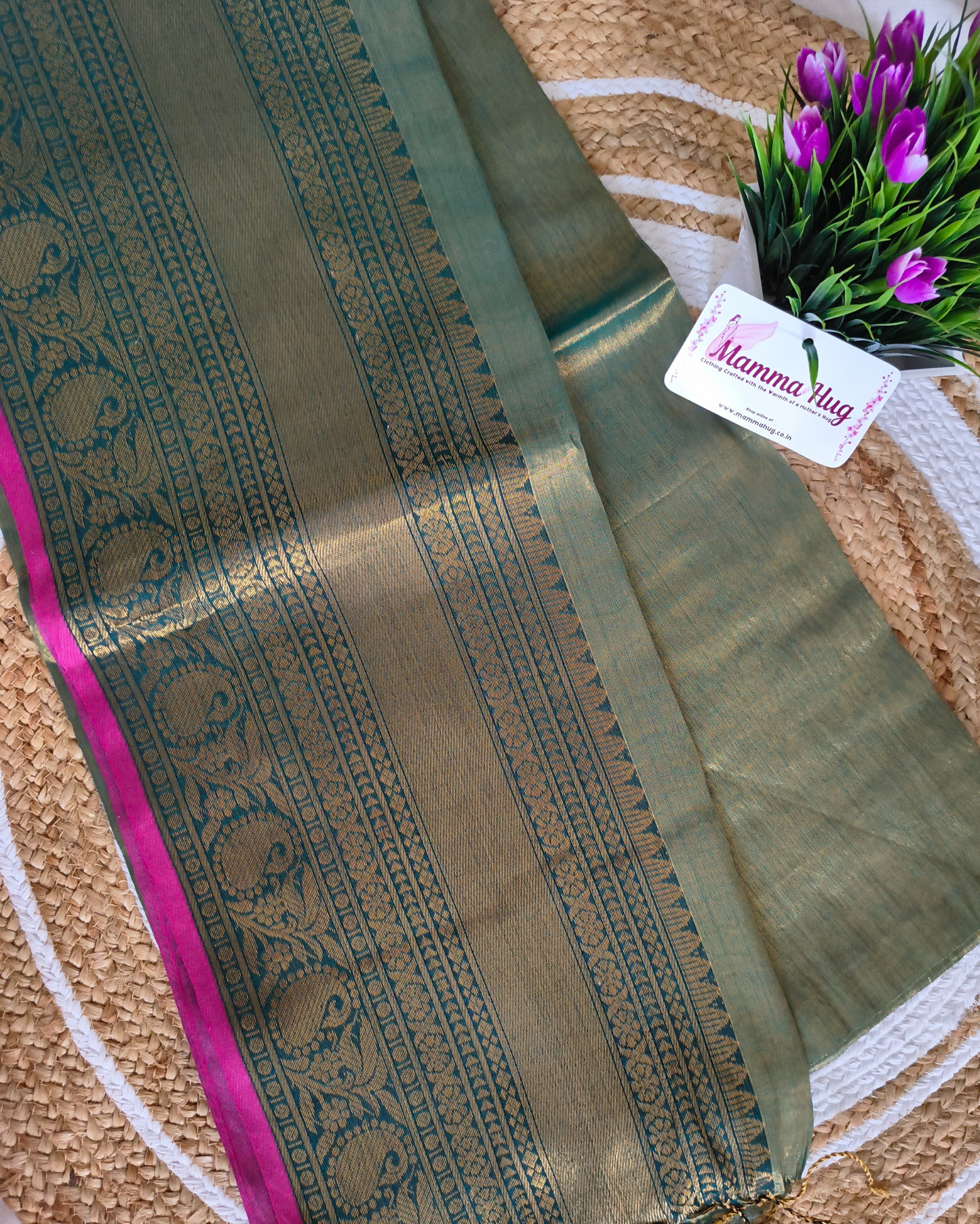 Khadi Tissue Handloom Saree with Thread Woven Border - Copper Green