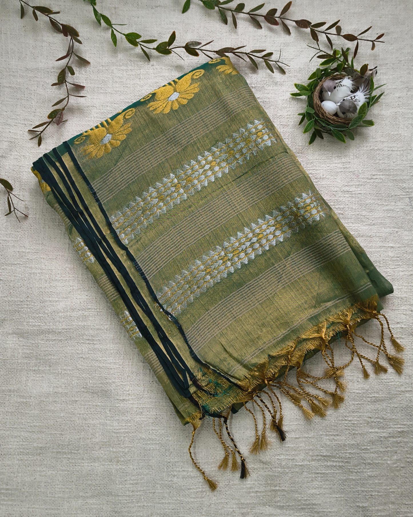 Soft Linen Tissue Saree with Golden Silver Zari weaving - Olive Gray