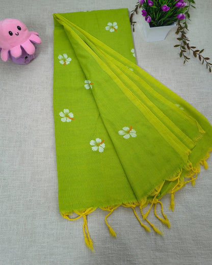 Khadi Cotton Handloom Saree Floral Painted - Parrot Green