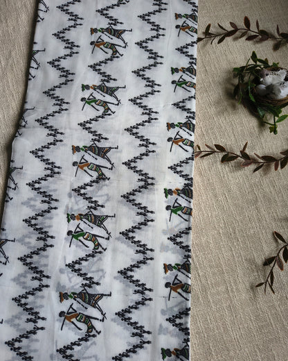 Khadi Cotton Handloom Saree - Madhubani Design - White