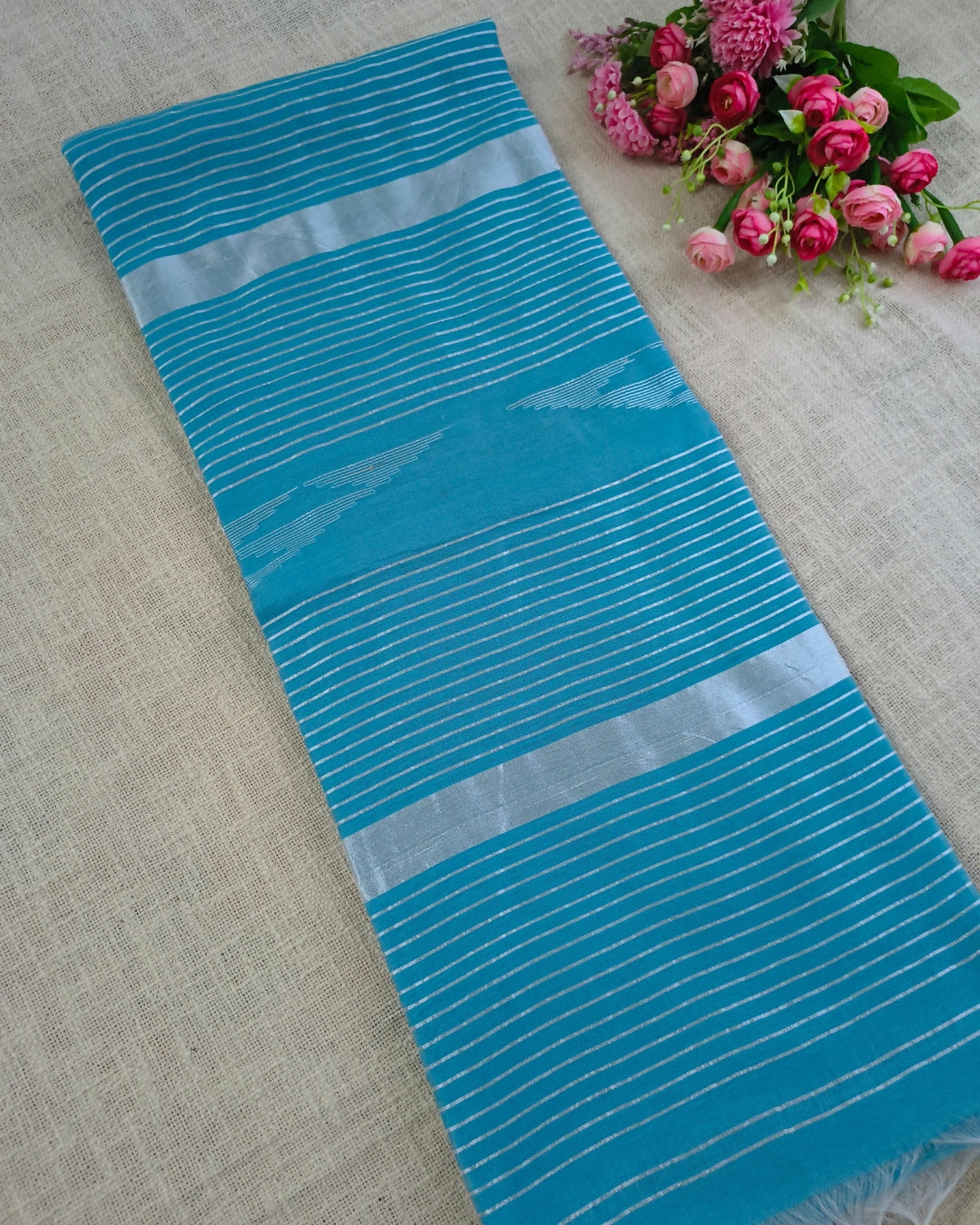 Cotton Silk Handloom Saree Woven with Silver Zari - Sky Blue