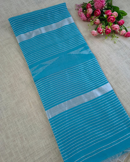 Cotton Silk Handloom Saree Woven with Silver Zari - Sky Blue