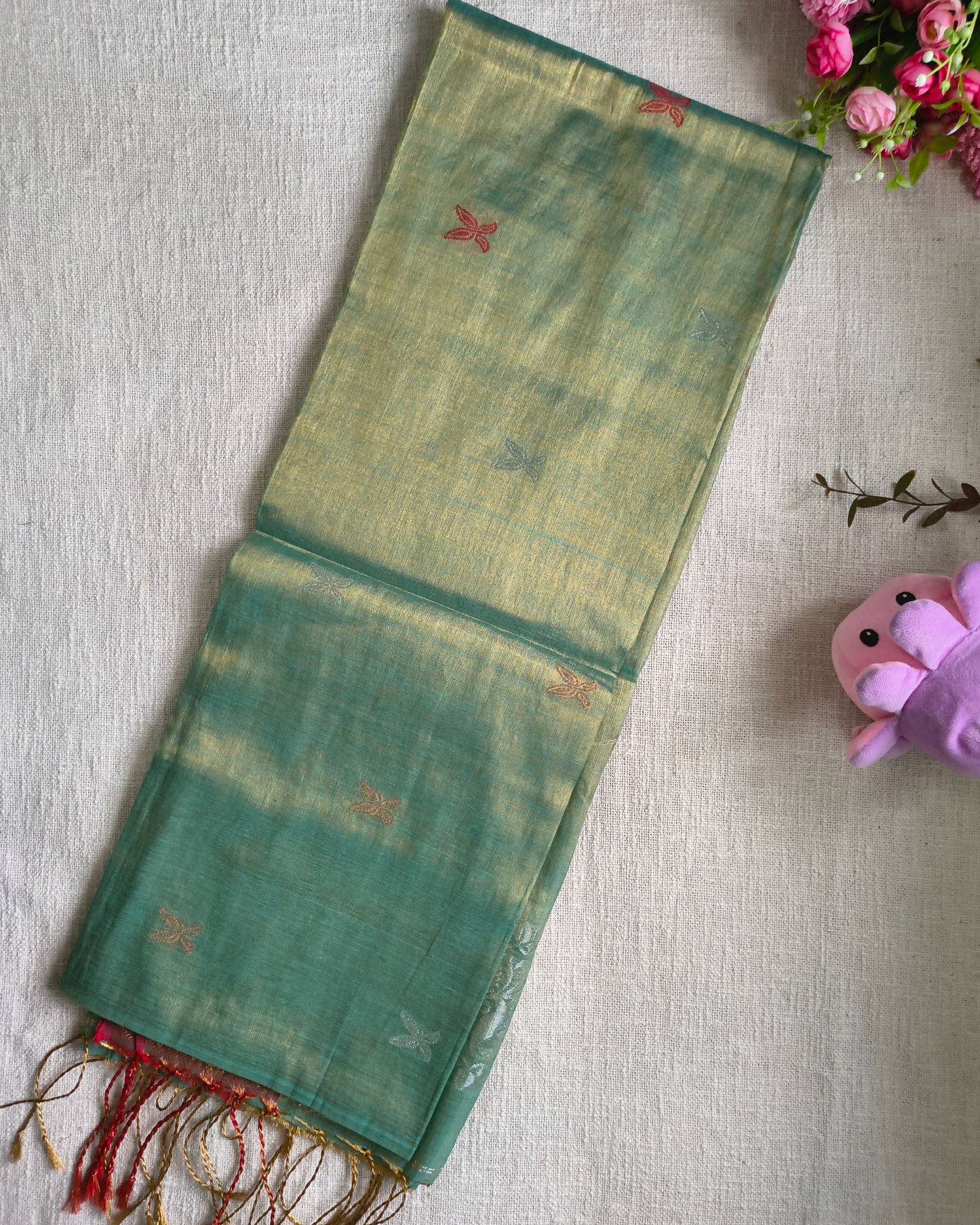 Handloom Metalic Tissue Linen with Jamdhani Weaving Buttas - Sage Green