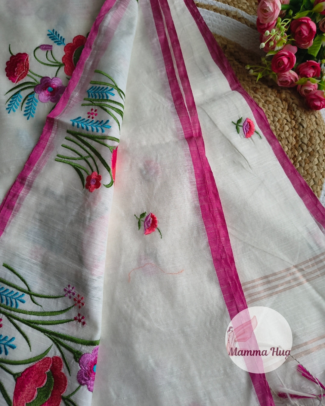 Floral Embroidery Handloom Saree - Slub Cotton (White-Pink)