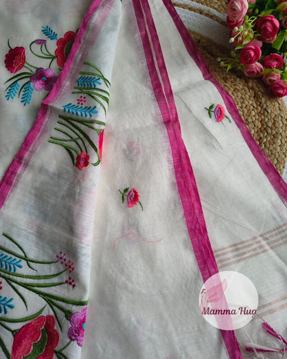 Floral Embroidery Handloom Saree - Slub Cotton (White-Pink)
