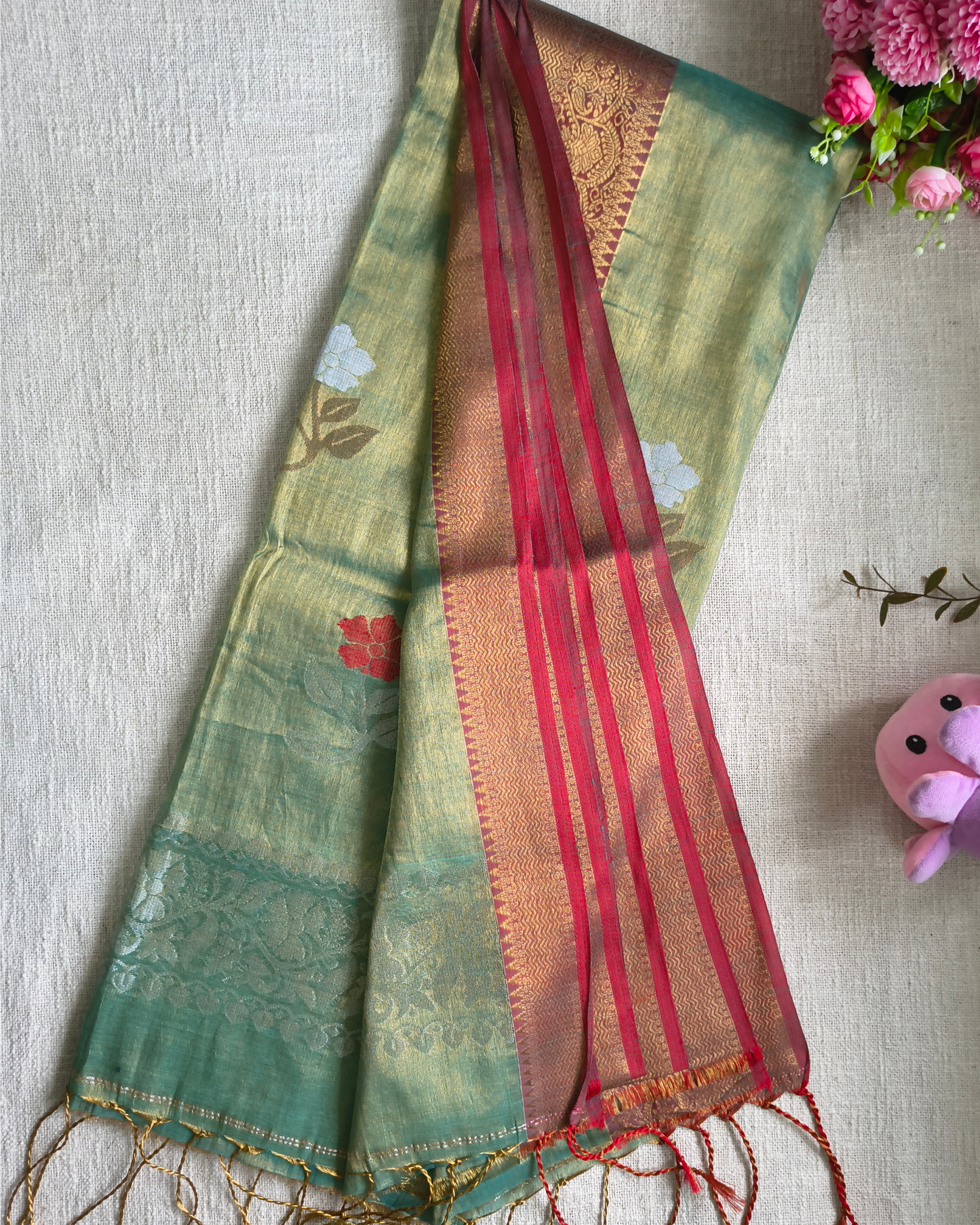 Handloom Metalic Tissue Linen with Jamdhani Weaving Buttas - Sage Green