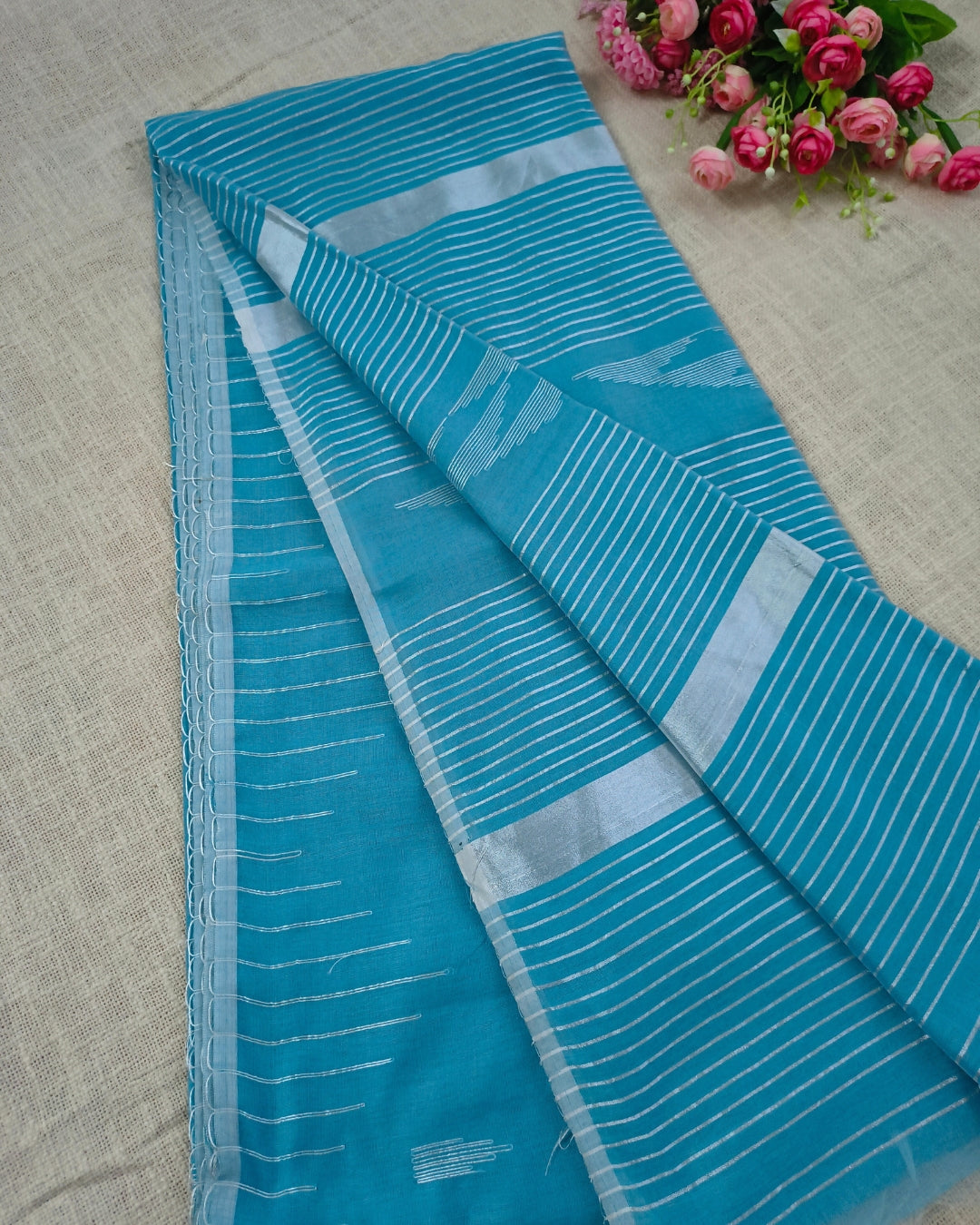 Cotton Silk Handloom Saree Woven with Silver Zari - Sky Blue
