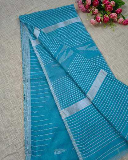 Cotton Silk Handloom Saree Woven with Silver Zari - Sky Blue