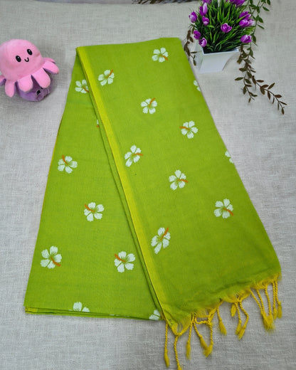 Khadi Cotton Handloom Saree Floral Painted - Parrot Green