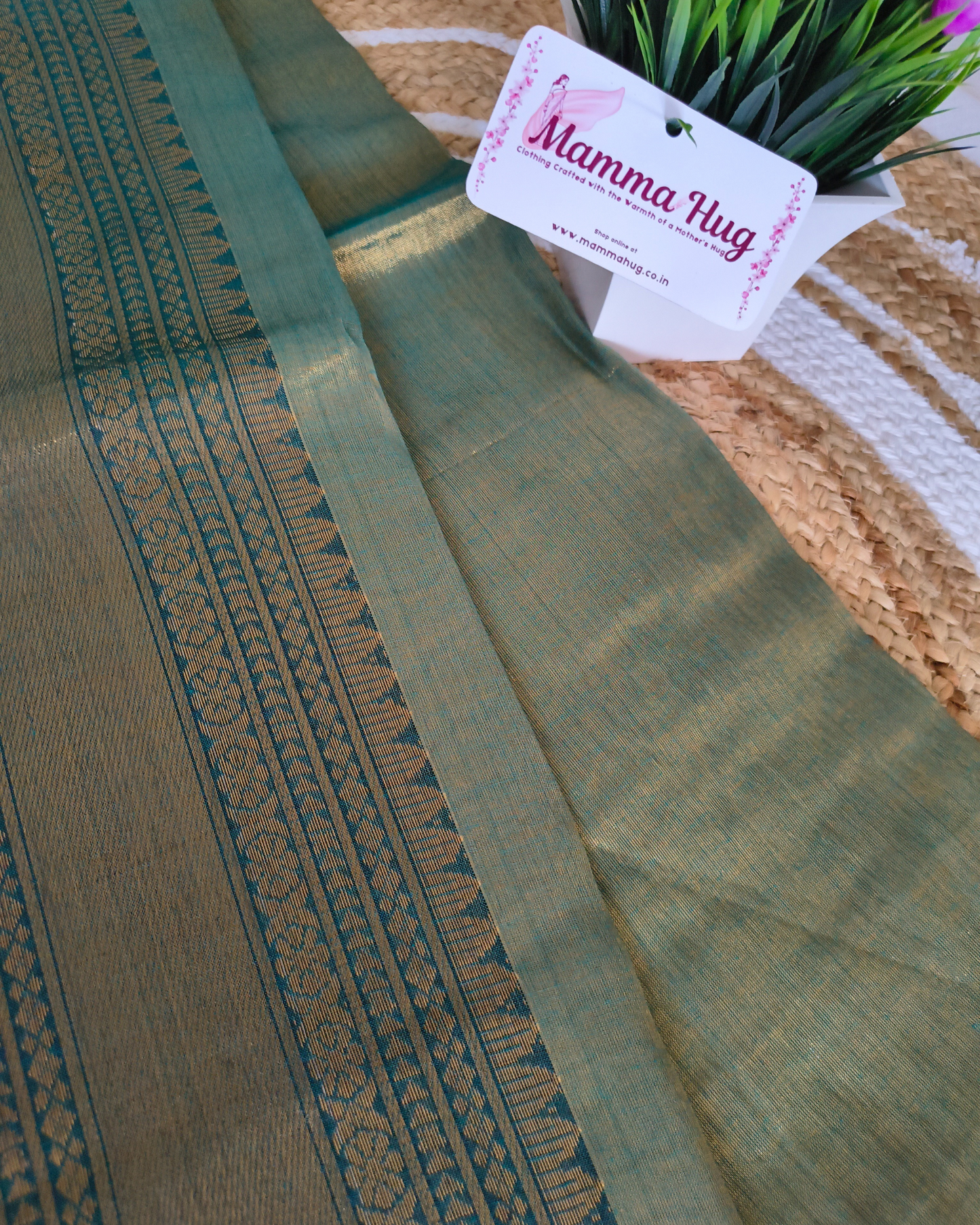Khadi Tissue Handloom Saree with Thread Woven Border - Copper Green