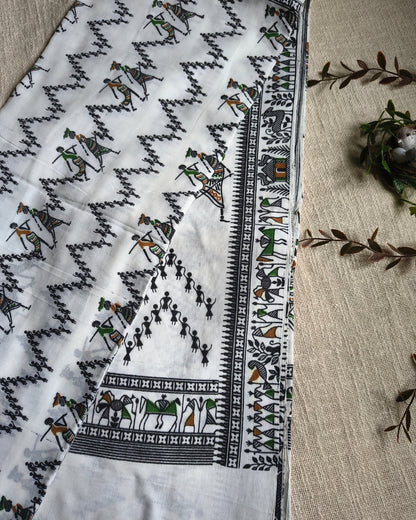 Khadi Cotton Handloom Saree - Madhubani Design - White