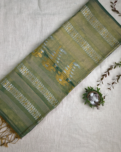Soft Linen Tissue Saree with Golden Silver Zari weaving - Olive Gray