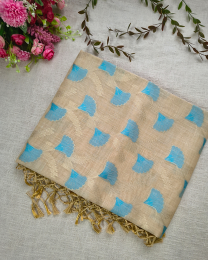 Semi Silk Saree with floral deisgn - Beige & Blue
