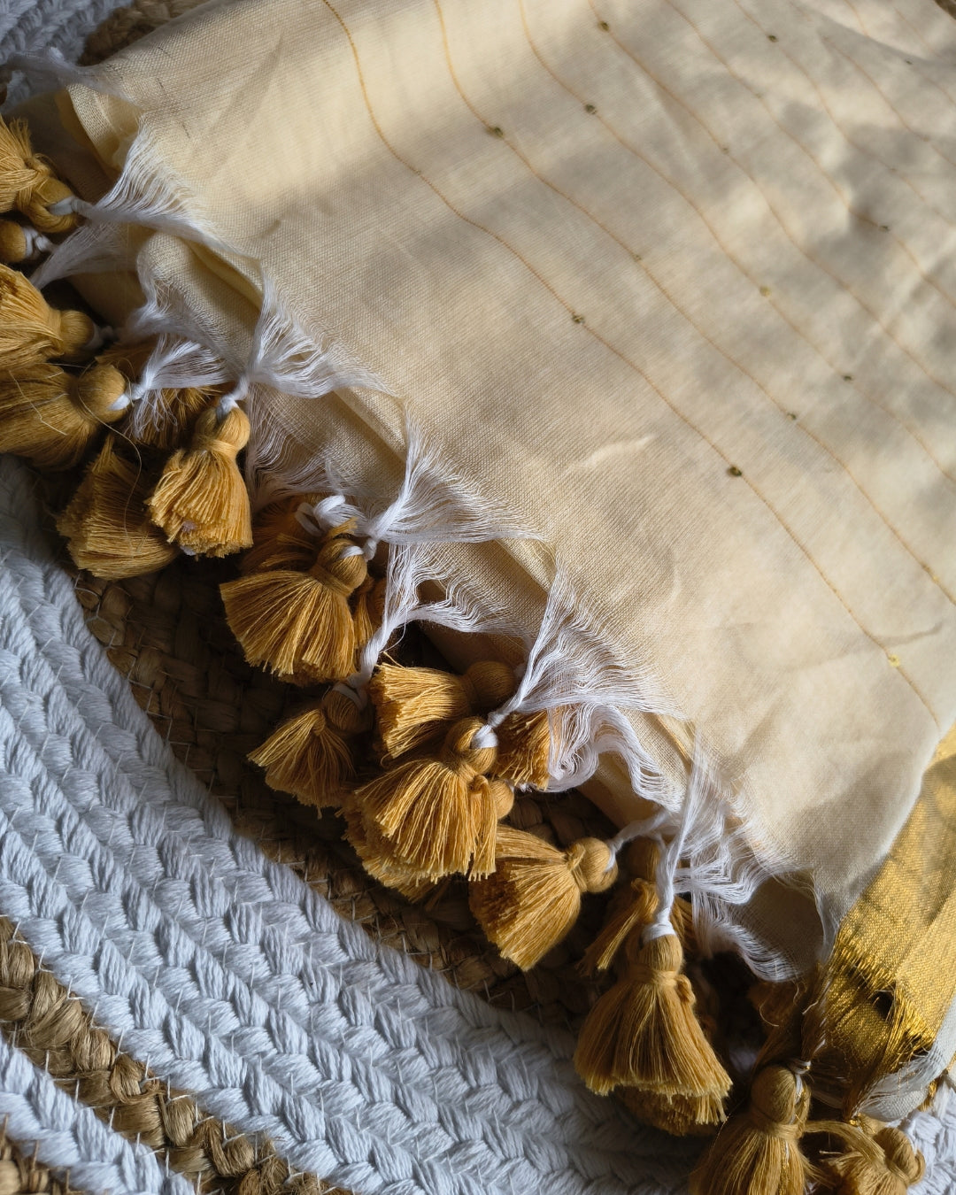 Handloom Mul Cotton Saree with Golden Stripes, Border and Sequence in Pallu - Sandal