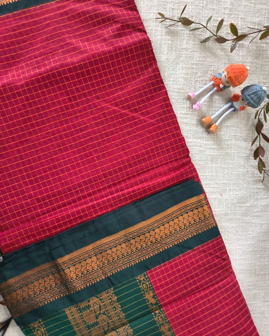 Premium Kalyani Cotton checked with Zari Border - Red