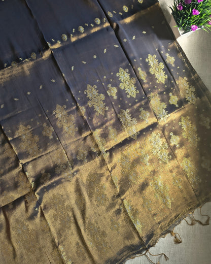 Soft Linen Tissue Saree with Golden Silver Zari weaving - Light Golden Grey MammaHug