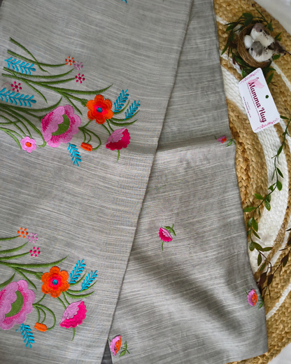 Floral Embroidery Handloom Saree - Slub Cotton (Grey)