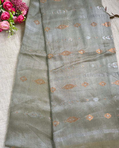 Soft Linen Tissue Saree with Golden Silver Zari weaving - Silver