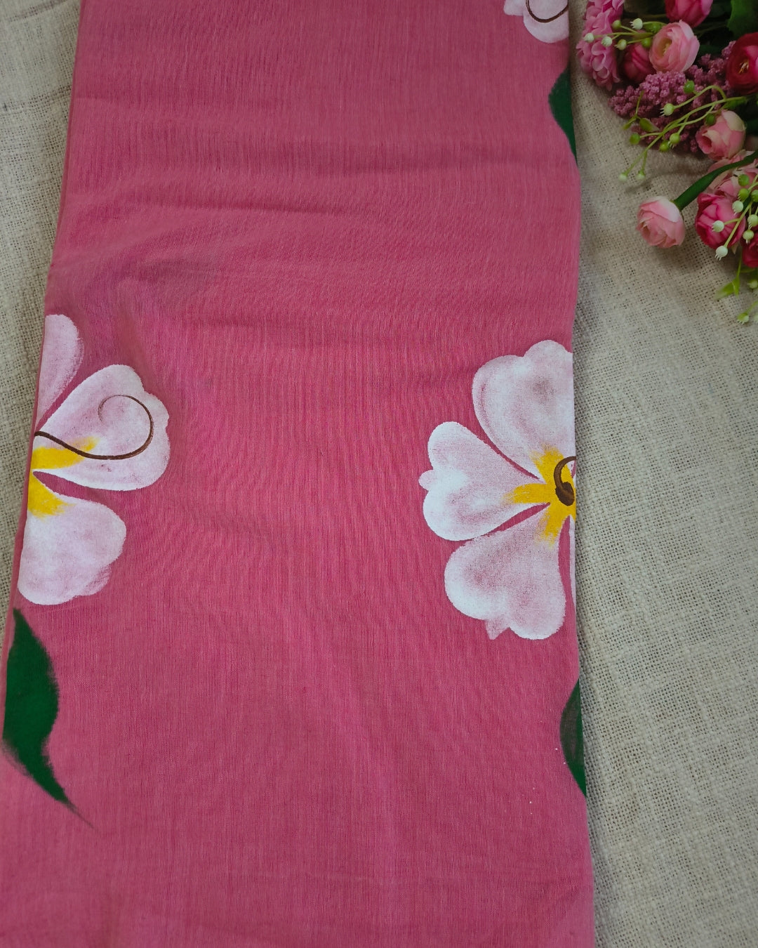 Soft Cotton Handloom Saree with Hand-Painted Floral Design - Pastel Pink