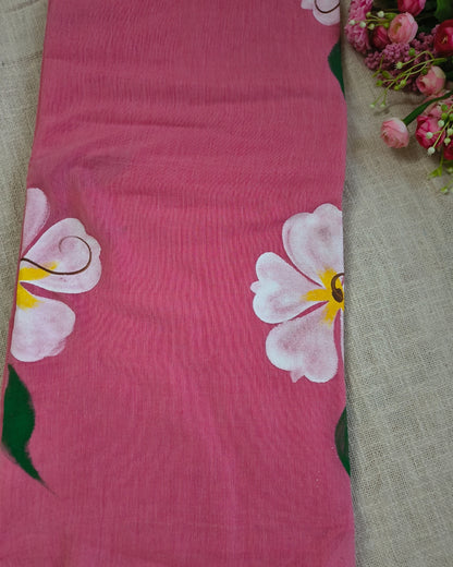 Soft Cotton Handloom Saree with Hand-Painted Floral Design - Pastel Pink