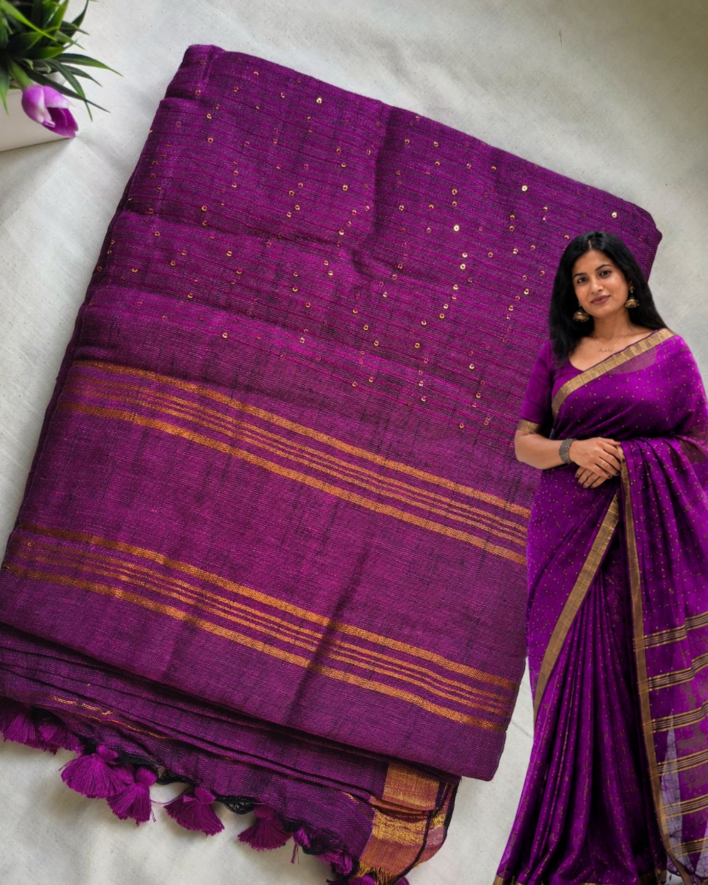120s Linen by Linen Saree with Hand Woven Sequins - Purple MammaHug
