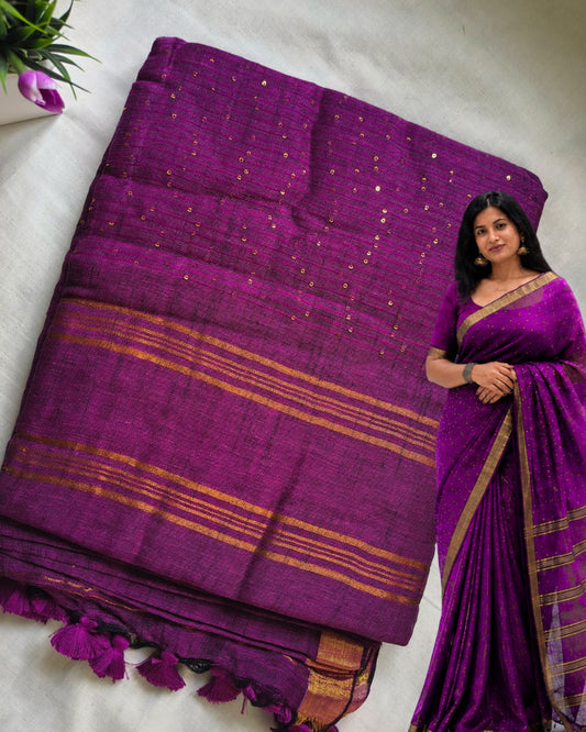 120s Linen by Linen Saree with Hand Woven Sequins - Purple MammaHug