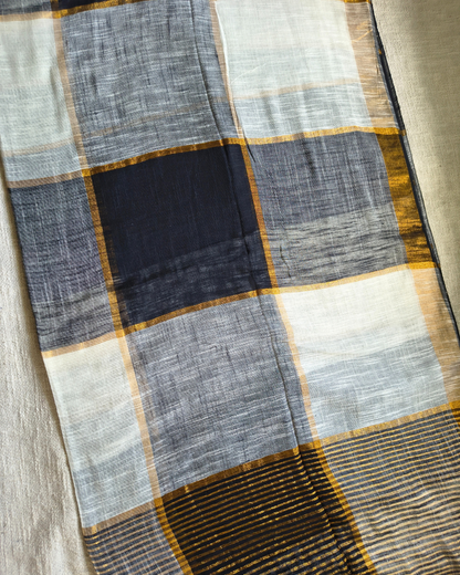 Pure Linen Cotton Handloom Saree Multicolor Checks - Black & White MammaHug