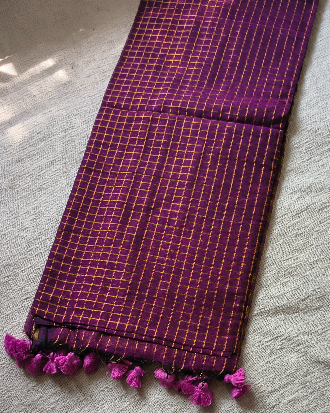 Mul Cotton Zari Checks Handloom Saree - Dark Purple MammaHug