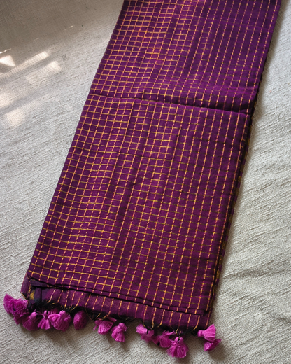 Mul Cotton Zari Checks Handloom Saree - Dark Purple MammaHug