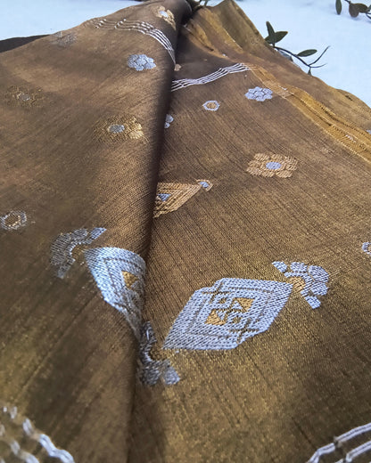 Soft Linen Tissue Saree with Golden Silver Zari weaving - Golden Brown