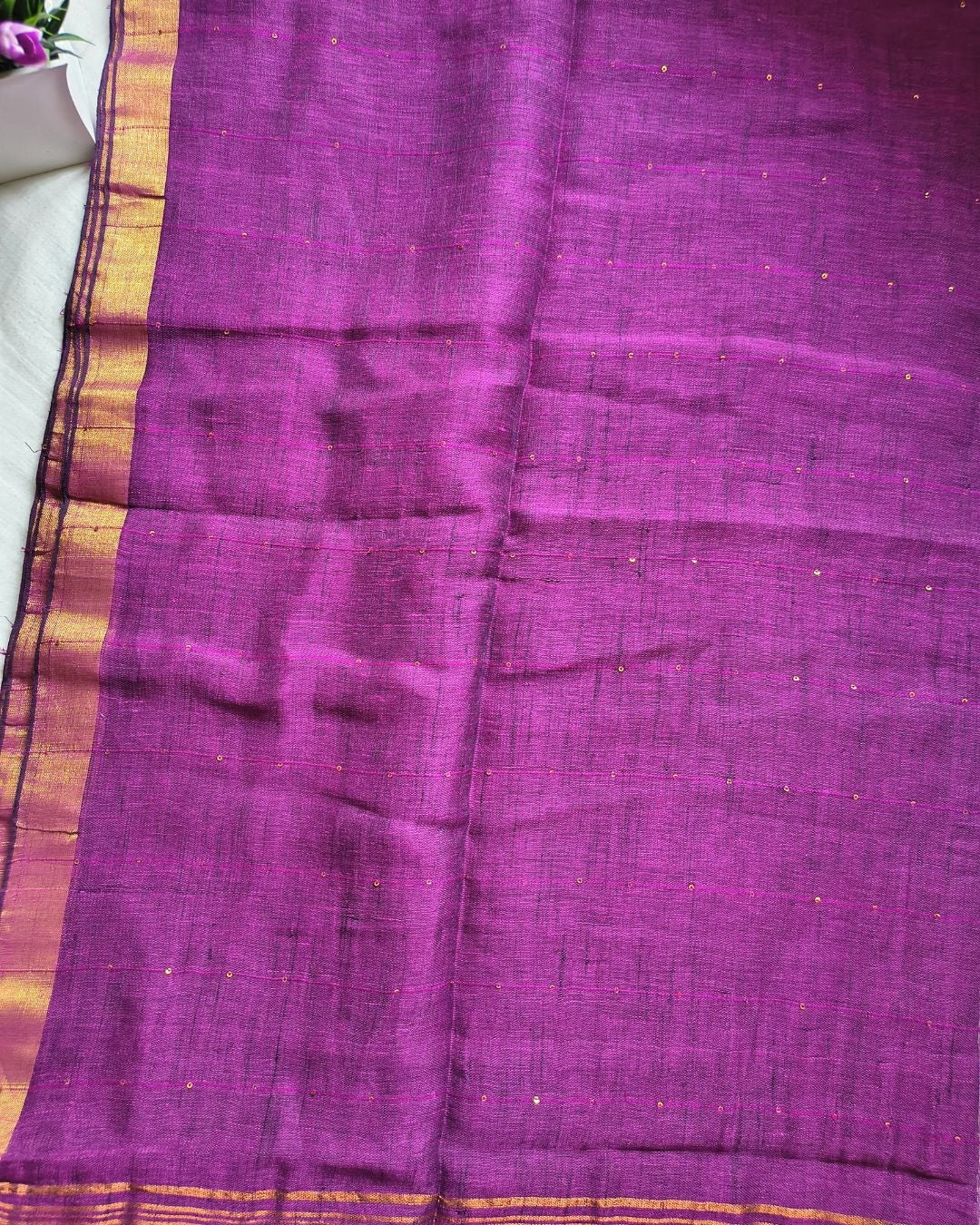 120s Linen by Linen Saree with Hand Woven Sequins - Purple MammaHug