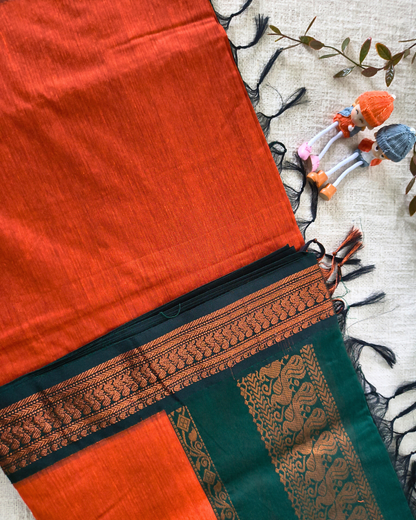 Premium Kalyani Cotton Plain Saree with Zari Border - Orange