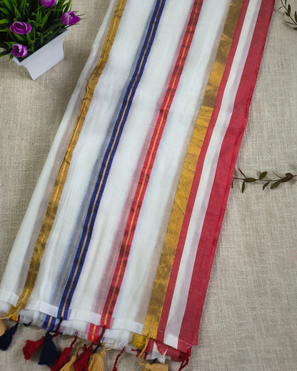 Onam Sarees - 120 tc Mul Cotton Handloom Saree - Multi Color Golden Stripes