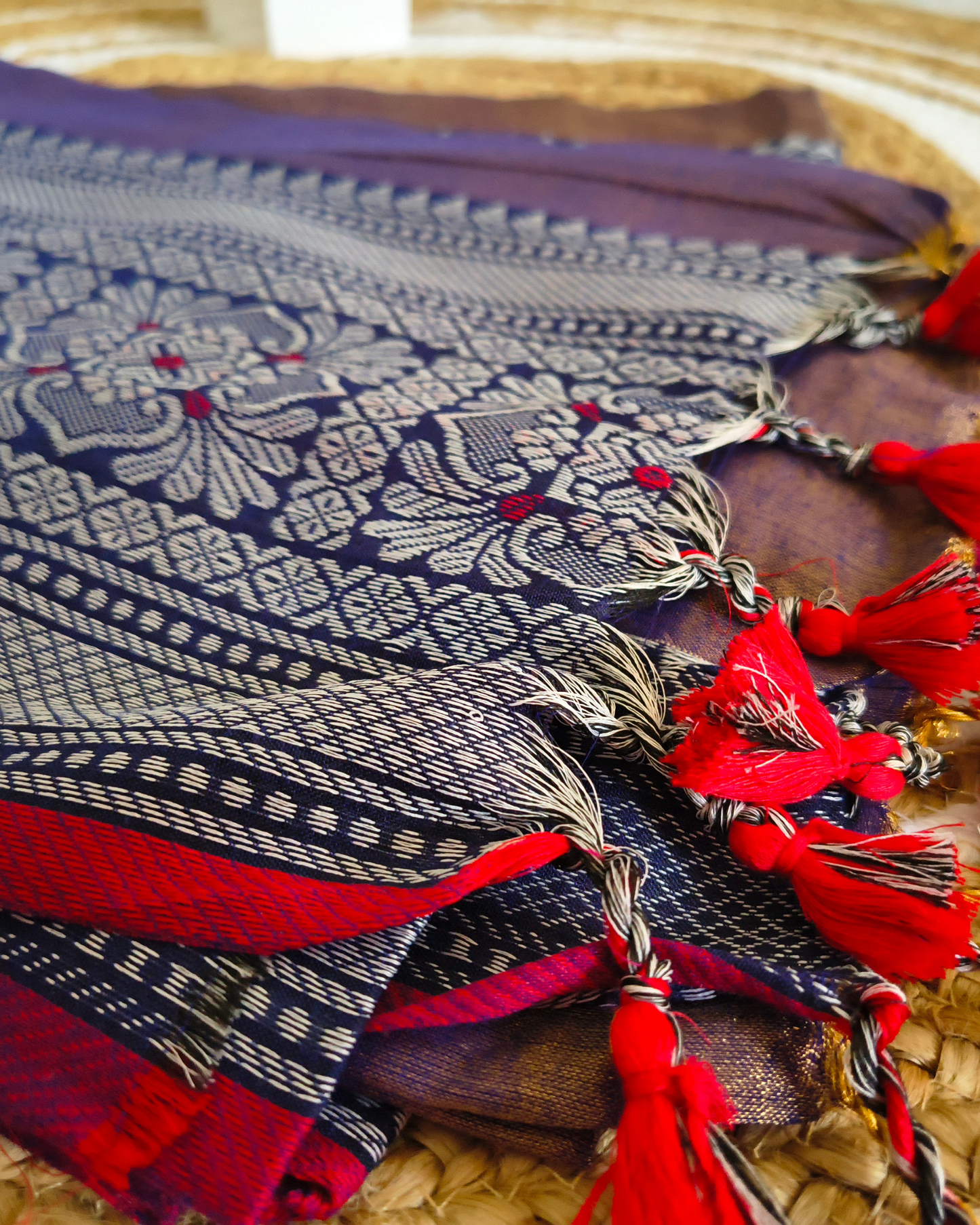 Khadi Tissue Handloom Saree with Thread Woven Border - Blue with Red