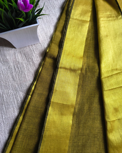 Pure Cottom Handloom Saree with Golden Border - Golden Olive