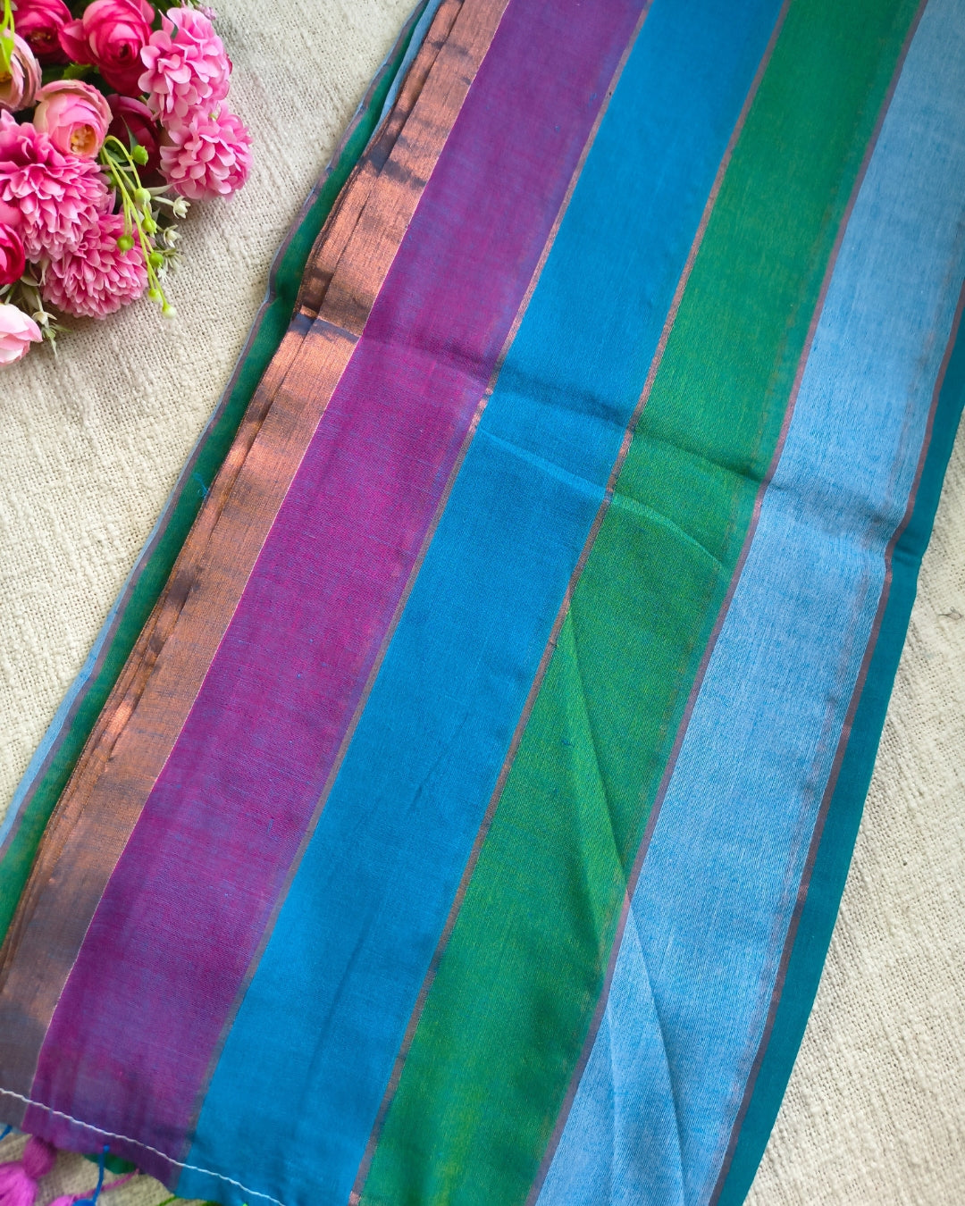 Premium Rainbow Mul Cotton Handloom Saree with Beautiful tassels - Blue