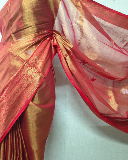 Handloom Metalic Tissue Linen with Jamdhani Weaving Buttas - Sunset Orange