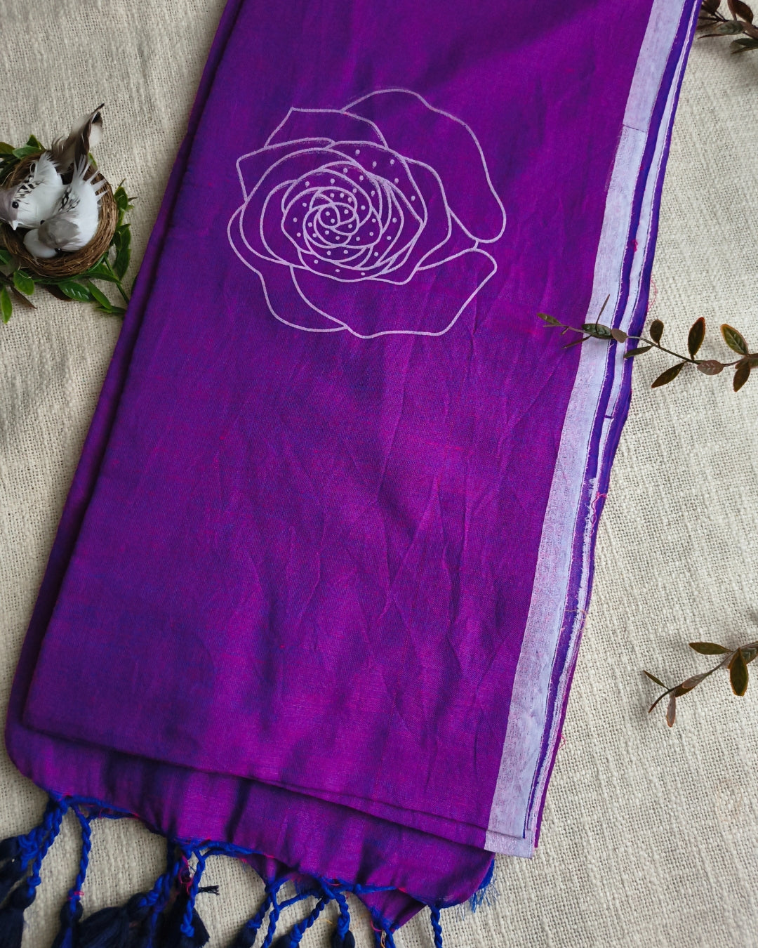 Khadi Cotton Handloom Saree with Printed Floral Design - Dark Purple