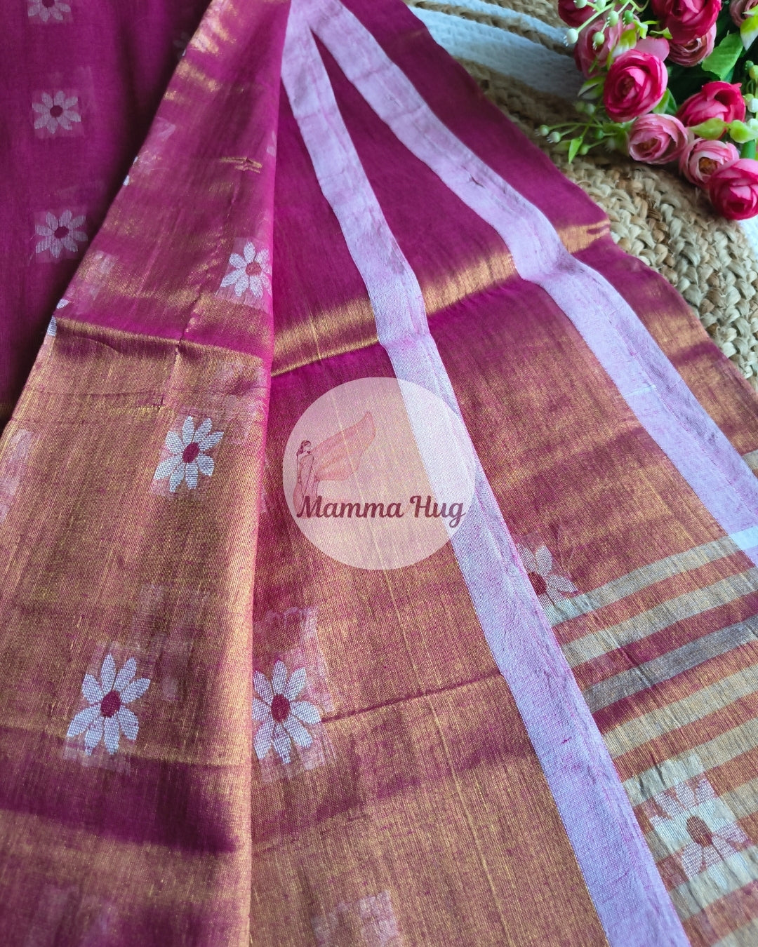 Handloom Cotton Tissue Saree with Machine Embroidery Design - Dark Pink