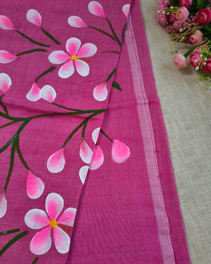 Soft Cotton Handloom Saree with Hand-Painted Floral Design - Onion Pink