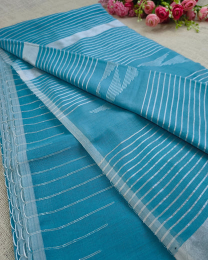 Cotton Silk Handloom Saree Woven with Silver Zari - Sky Blue