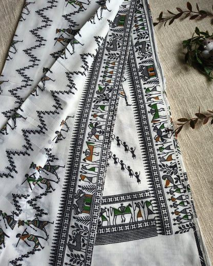 Khadi Cotton Handloom Saree - Madhubani Design - White