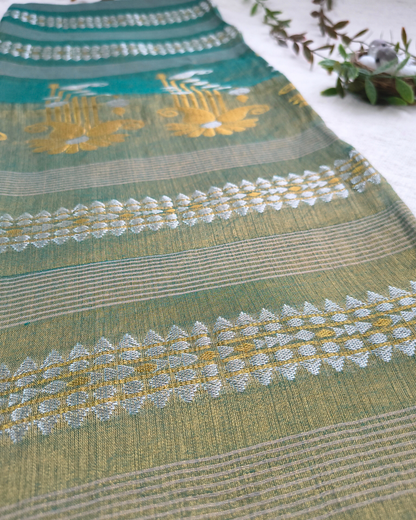 Soft Linen Tissue Saree with Golden Silver Zari weaving - Olive Gray