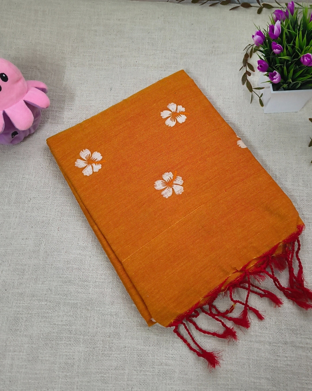 Khadi Cotton Handloom Saree Floral Painted - Sunset Orange