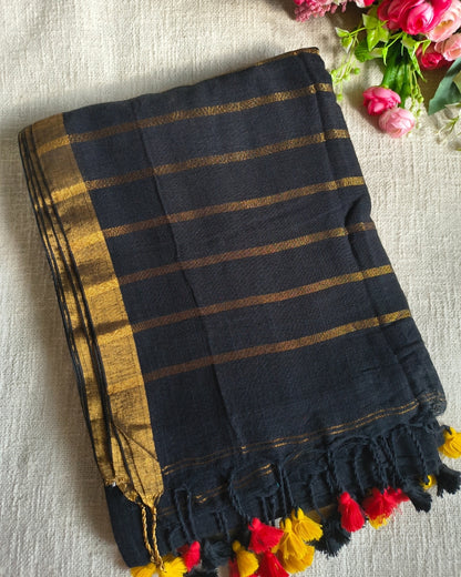 Pure Linen Handloom Saree Plain - Black