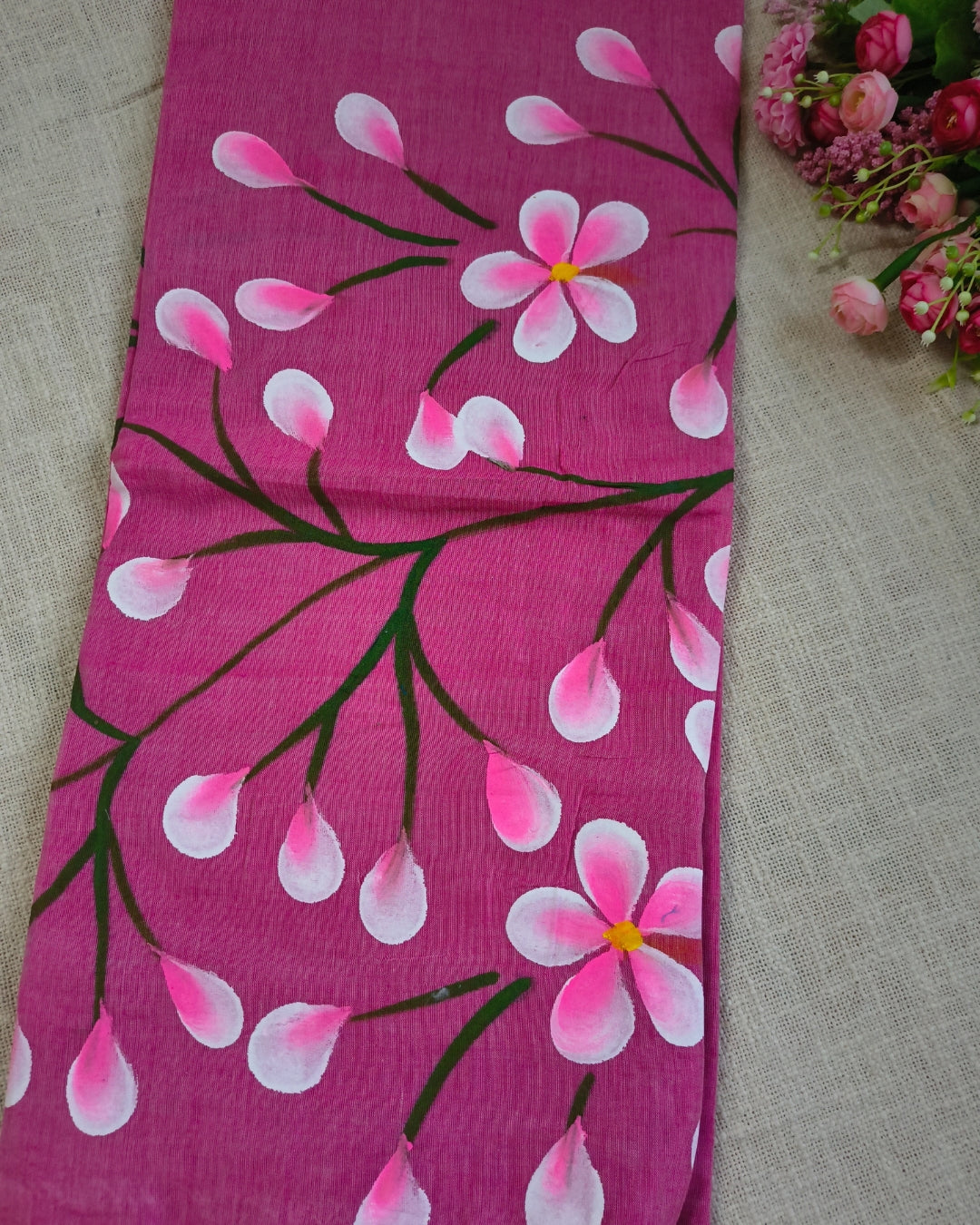 Soft Cotton Handloom Saree with Hand-Painted Floral Design - Onion Pink