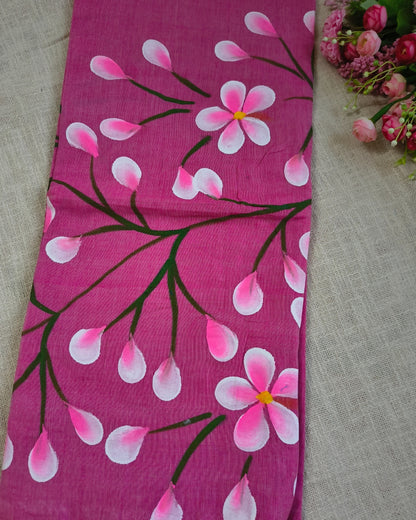 Soft Cotton Handloom Saree with Hand-Painted Floral Design - Onion Pink