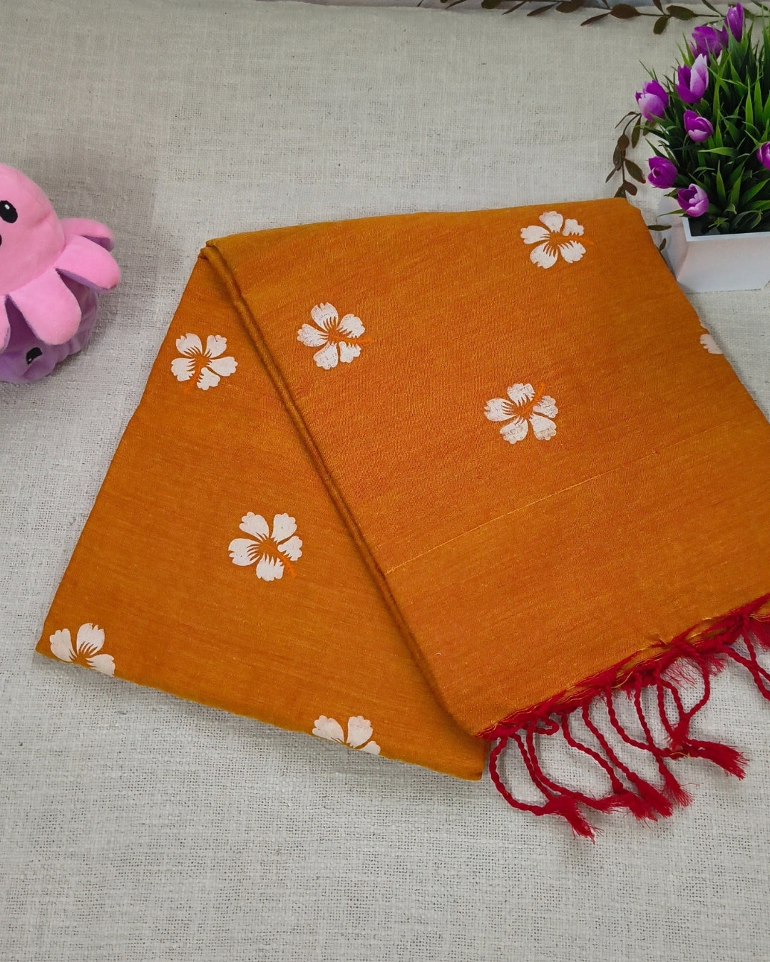 Khadi Cotton Handloom Saree Floral Painted - Sunset Orange