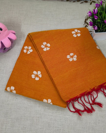 Khadi Cotton Handloom Saree Floral Painted - Sunset Orange