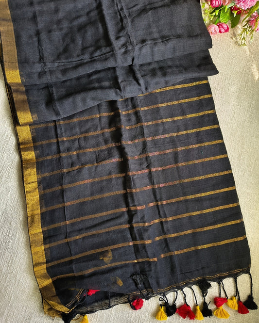 Pure Linen Handloom Saree Plain - Black